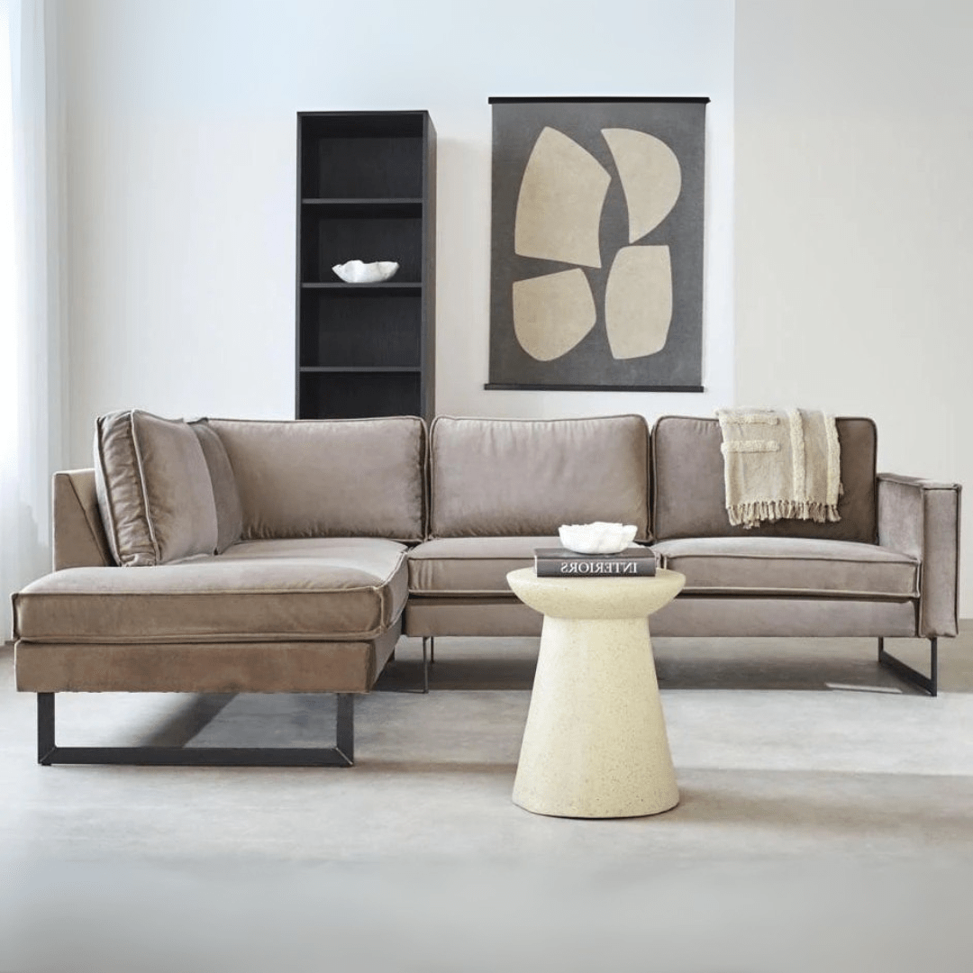 Corner sofa champagne taupe velvet loose cushions Quinn - left