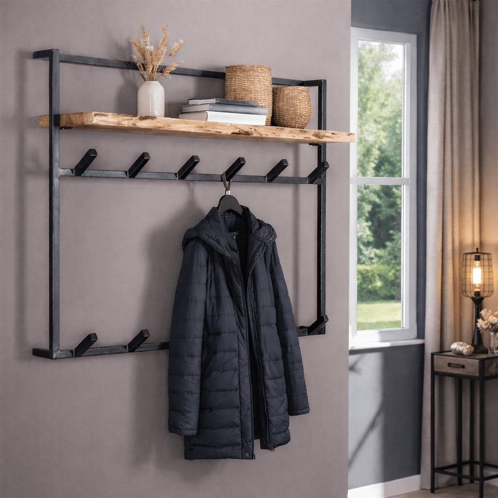 12-hook Industrial Coat Rack Naomi Acacia Wood-Metal