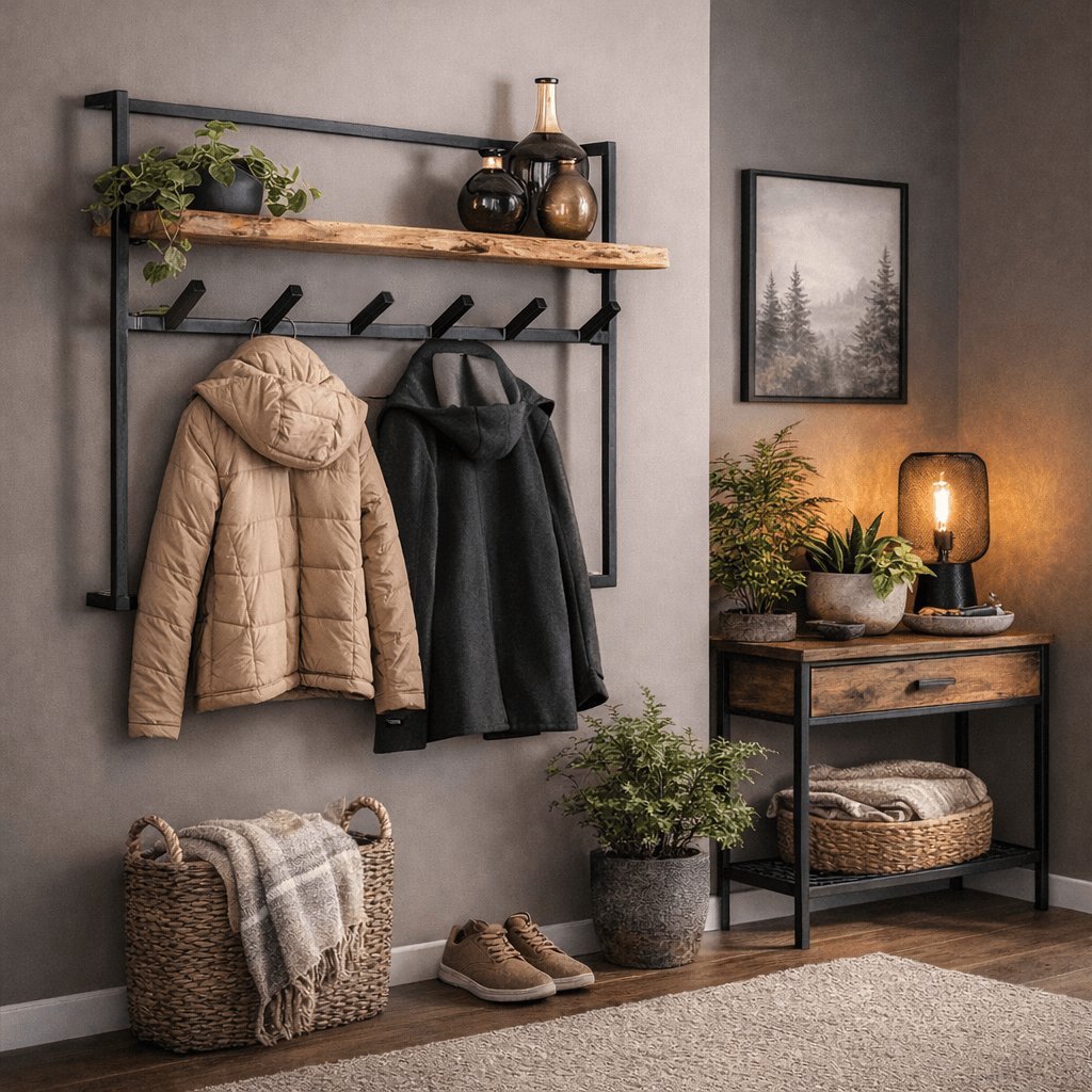 12-hook Industrial Coat Rack Naomi Acacia Wood-Metal