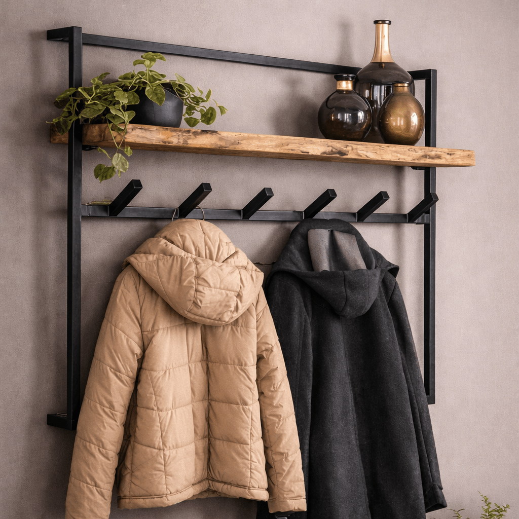 12-hook Industrial Coat Rack Naomi Acacia Wood-Metal