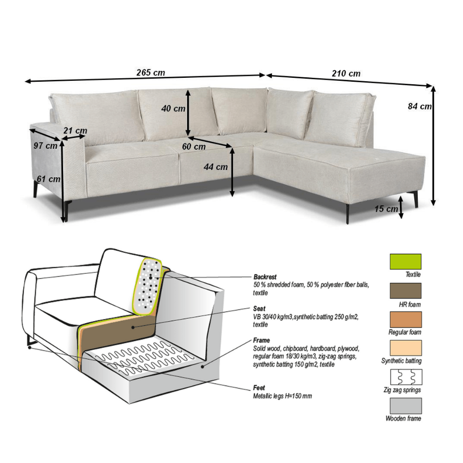 Corner sofa with beige chenille Yara chaise longue - left