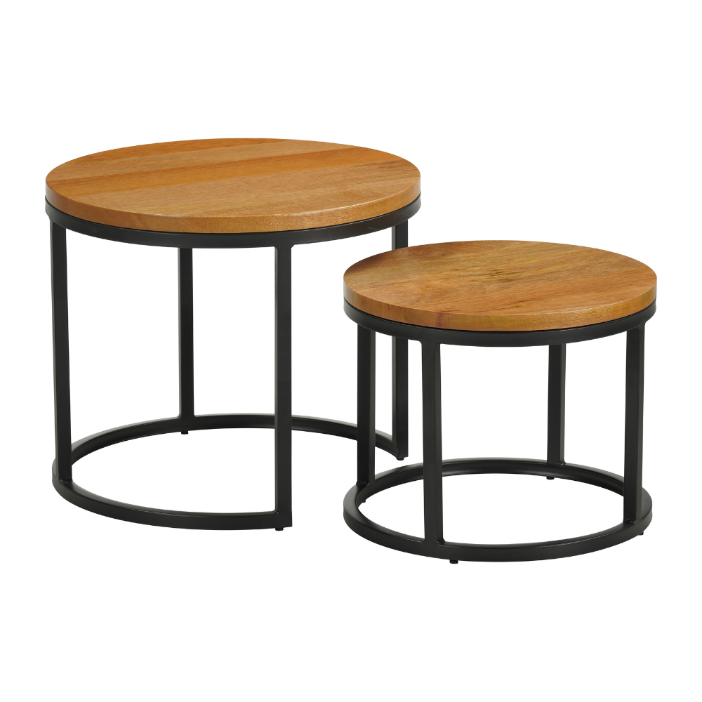 Set of 2 round coffee tables natural Mango wood - industrial - Rosy