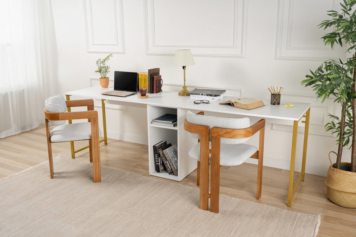 Study Bureau Melamine 240x60 cm Twin Study Desk with Silver and Gold White Gold