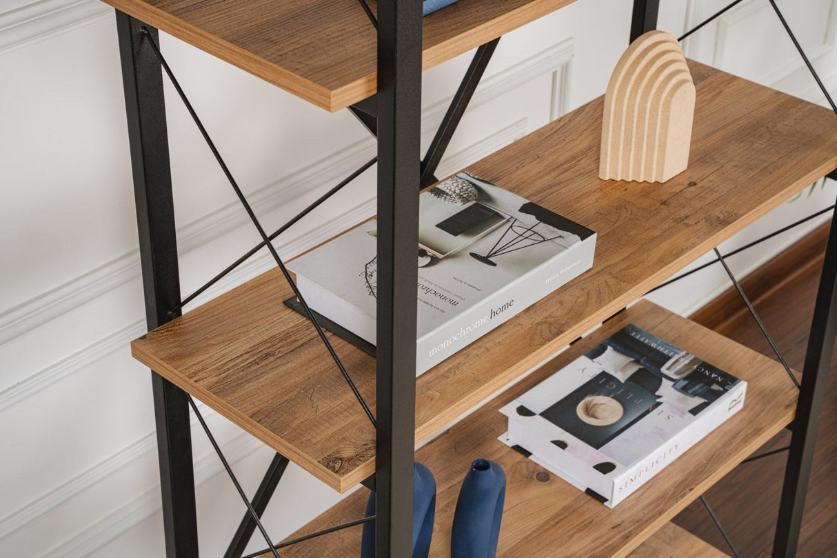Industrial bookcase pine melamine Ely - black frame - 180x90 cm