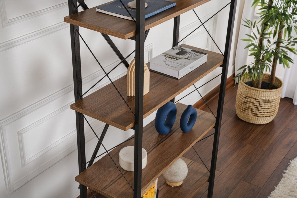 Industrial bookcase walnut melamine Ely - black frame - 180x90 cm