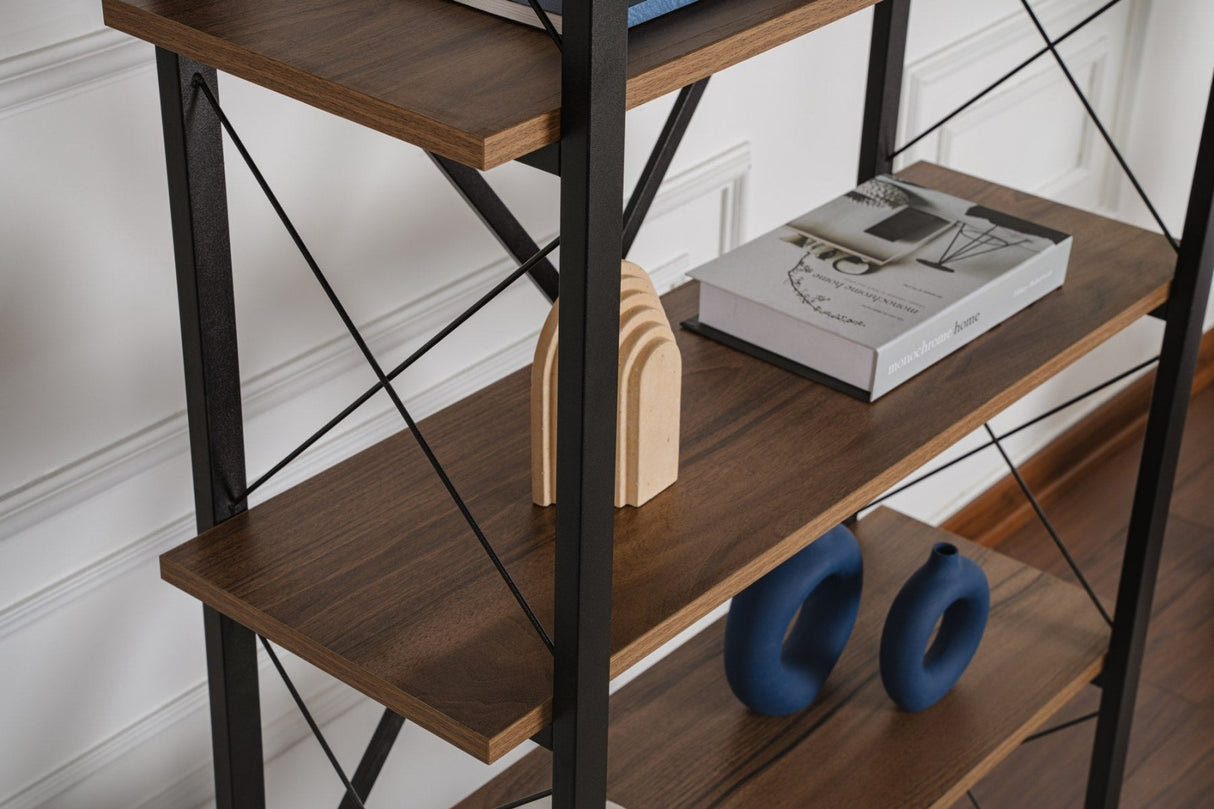 Industrial bookcase walnut melamine Ely - black frame - 180x90 cm