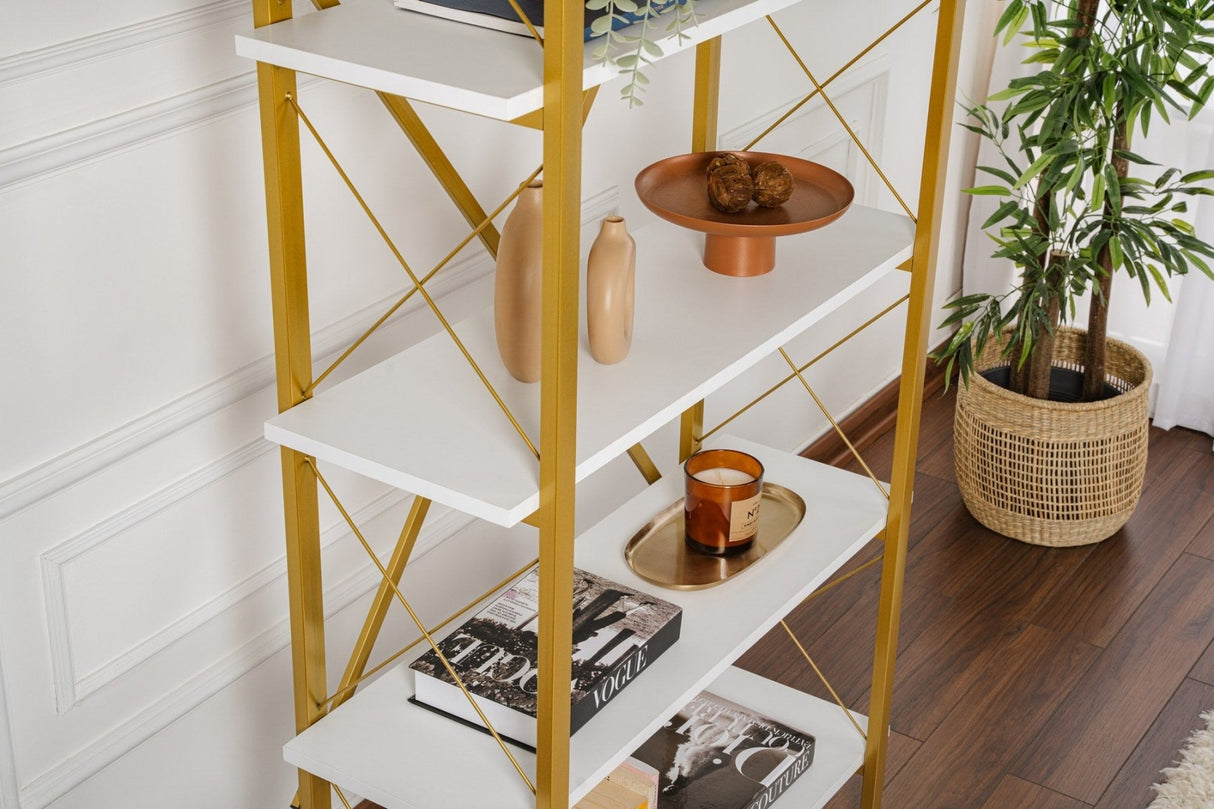 Modern bookcase white melamine Ely - Golden Frame - 180x90 cm