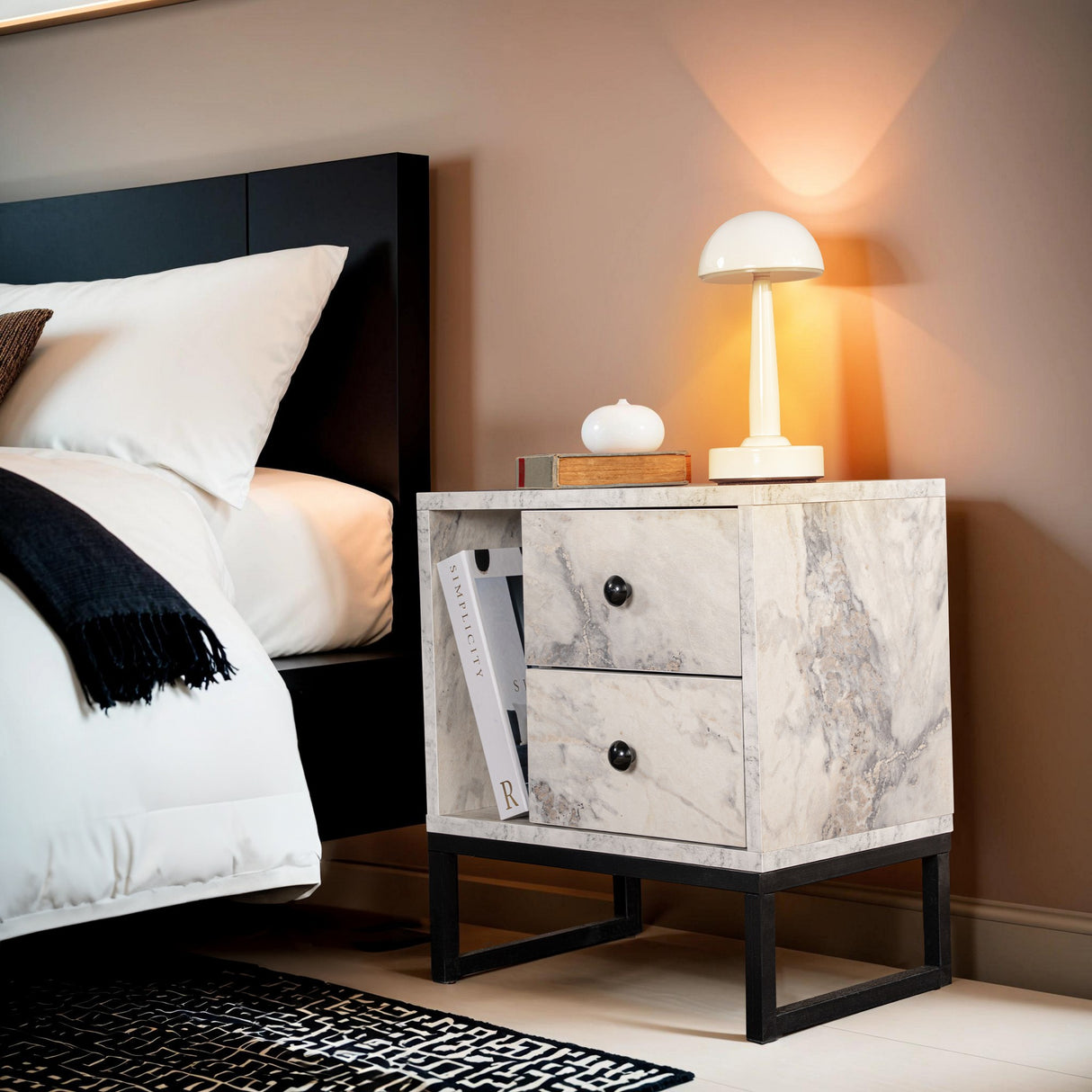 Nightstand White Marble Melamine Pulsar - Black Frame