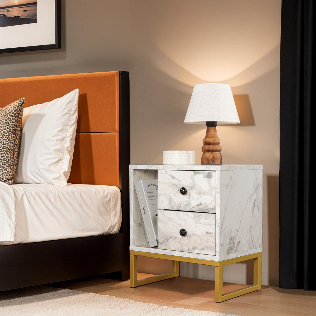 Nightstand Marble Melamine Golden Frame Pulsar