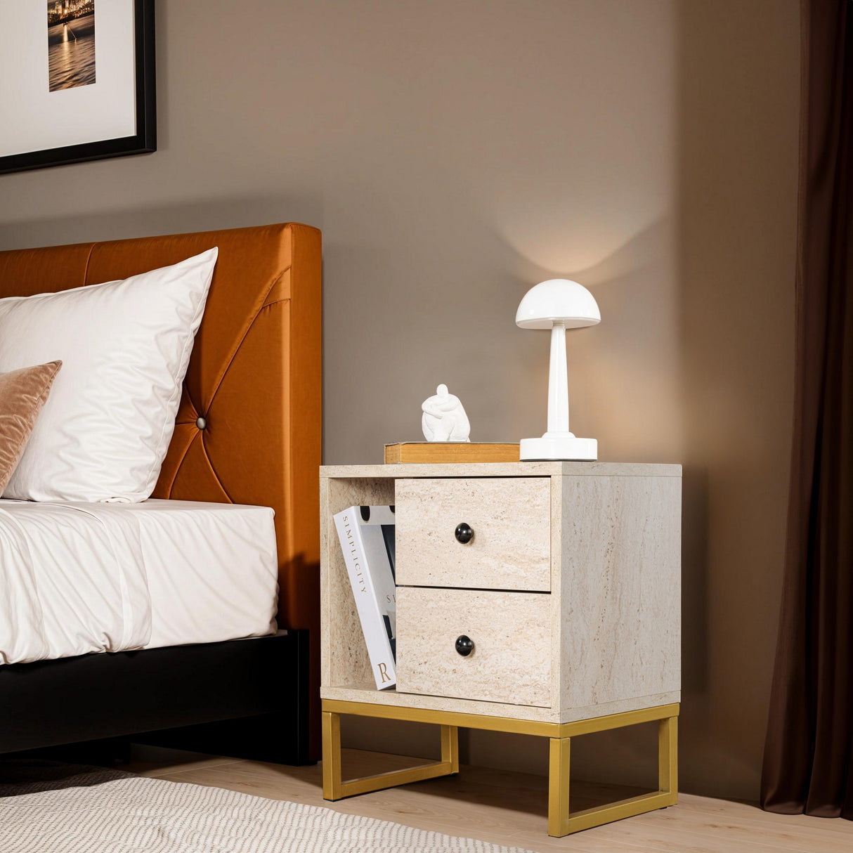 Nightstand Beige Melamine Pulsar - Golden Frame