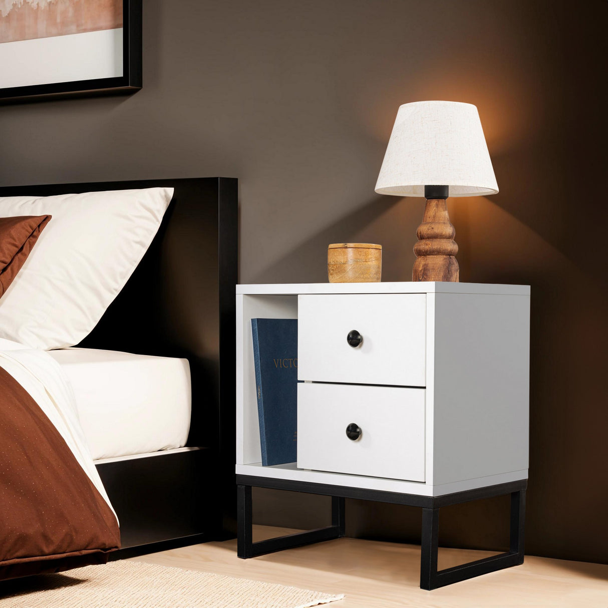 Nightstand White Melamine Pulsar - Black Frame