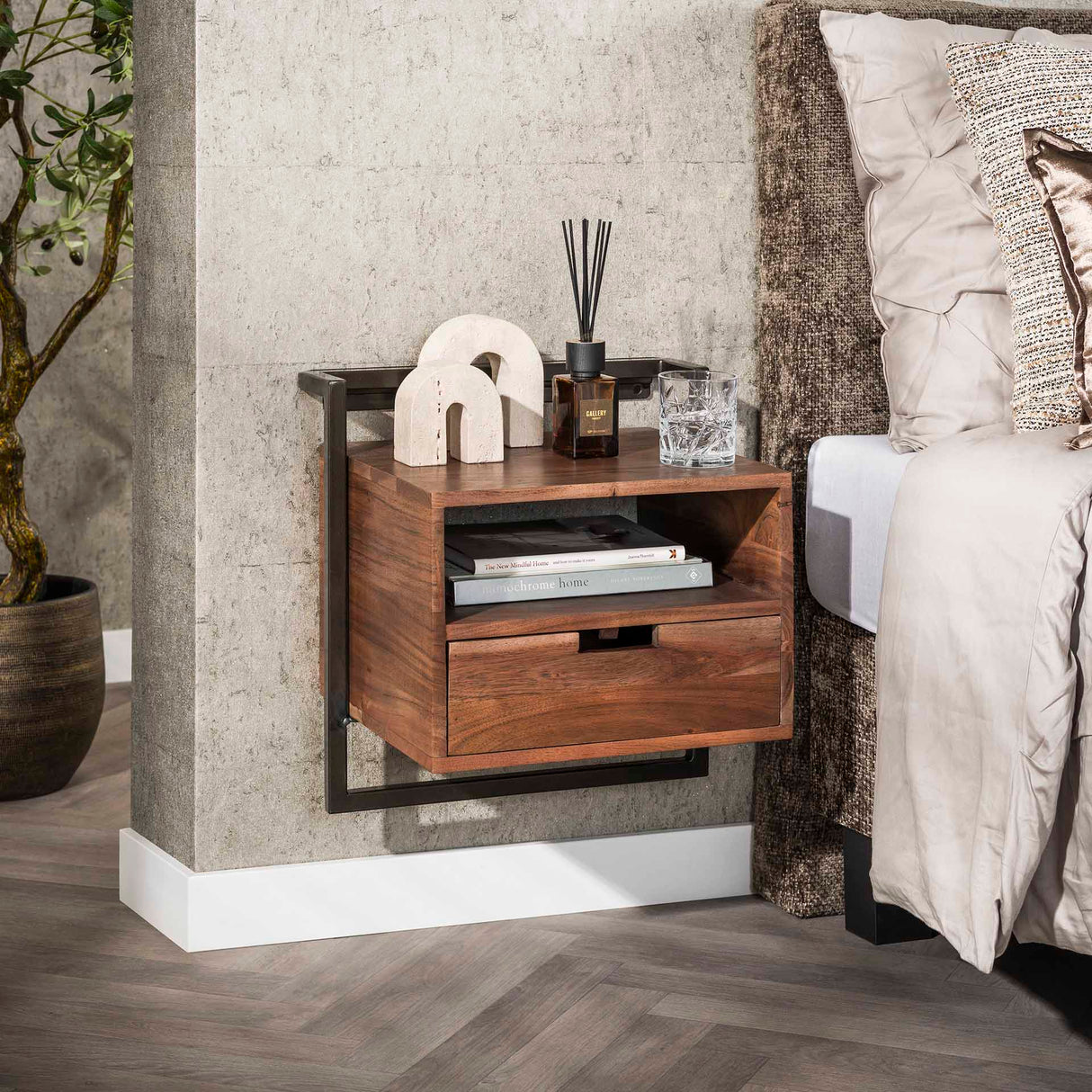 Nightstand Solace 1-drawer solid acacia drift brown