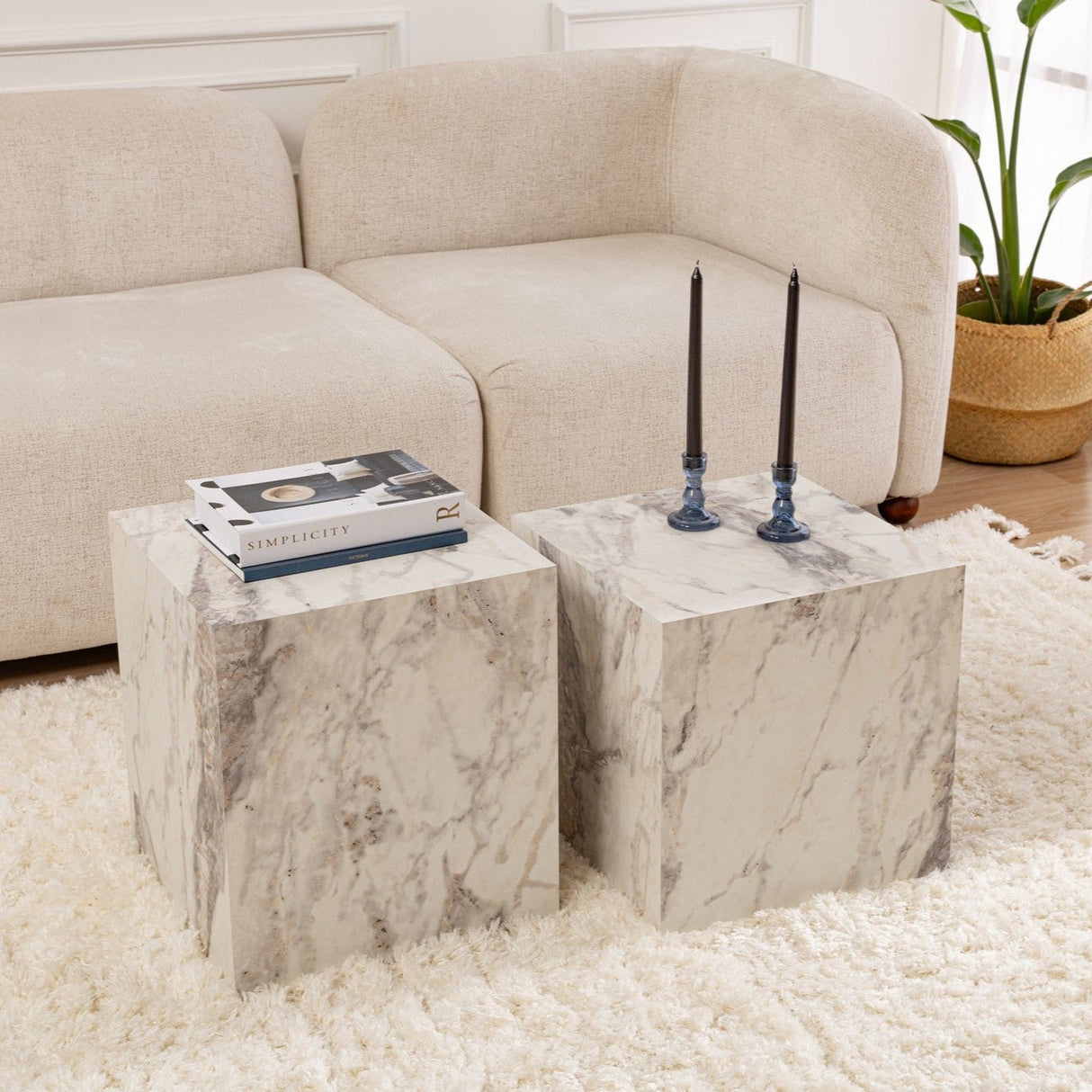 Modern Side Table Set of 2 Cube Square Marble Look - 40x40x40/45