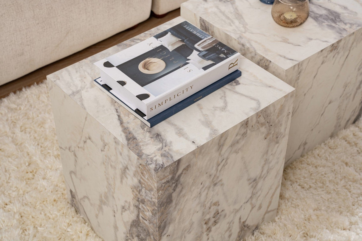 Modern Side Table Set of 2 Cube Square Marble Look - 40x40x40/45