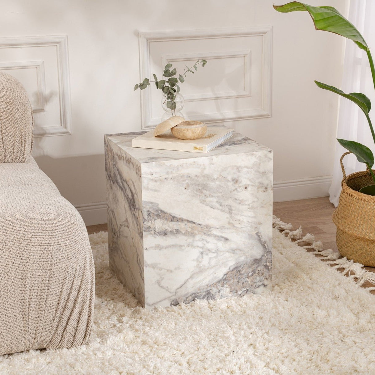 Modern Side Table Cube Square Marble Look - 45x45x50 cm