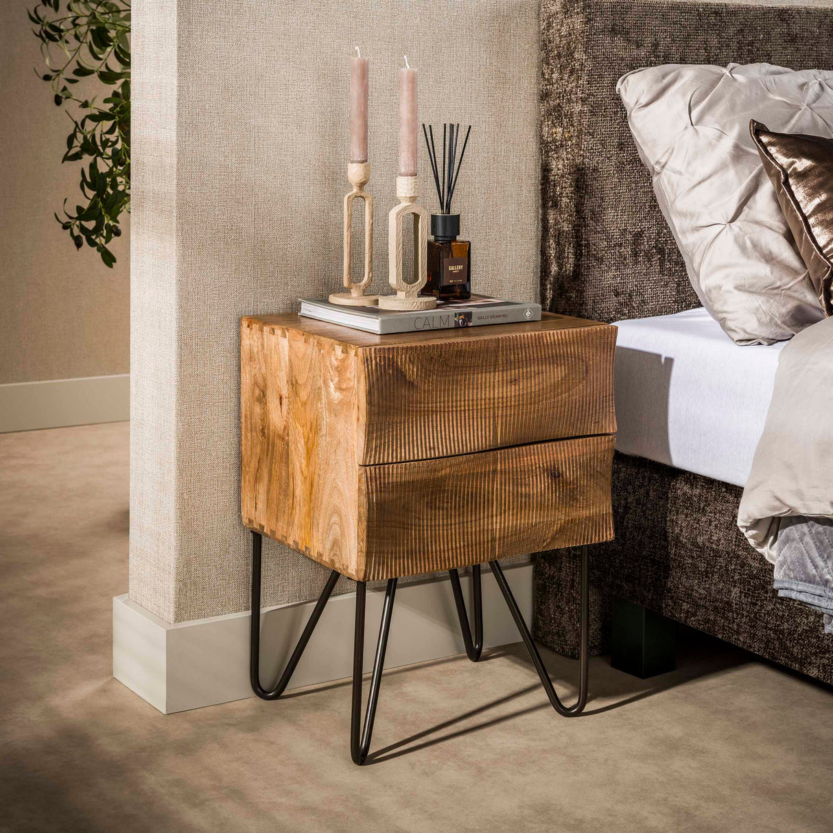 Bedside table 2 drawers sand color Mango wood Oona