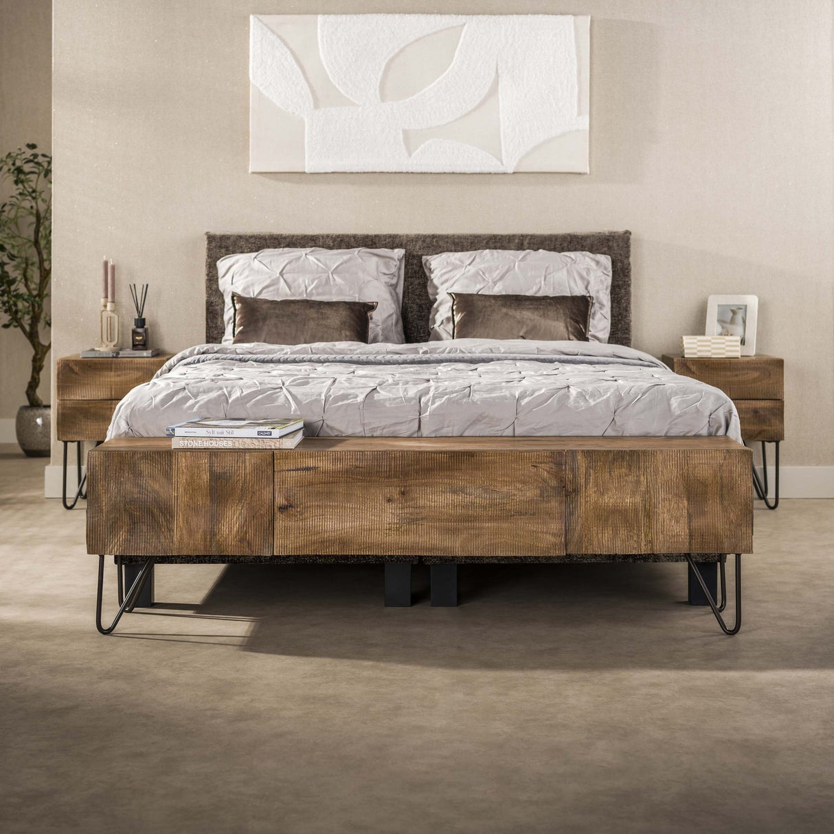 Bedside table 2 drawers sand color Mango wood Oona