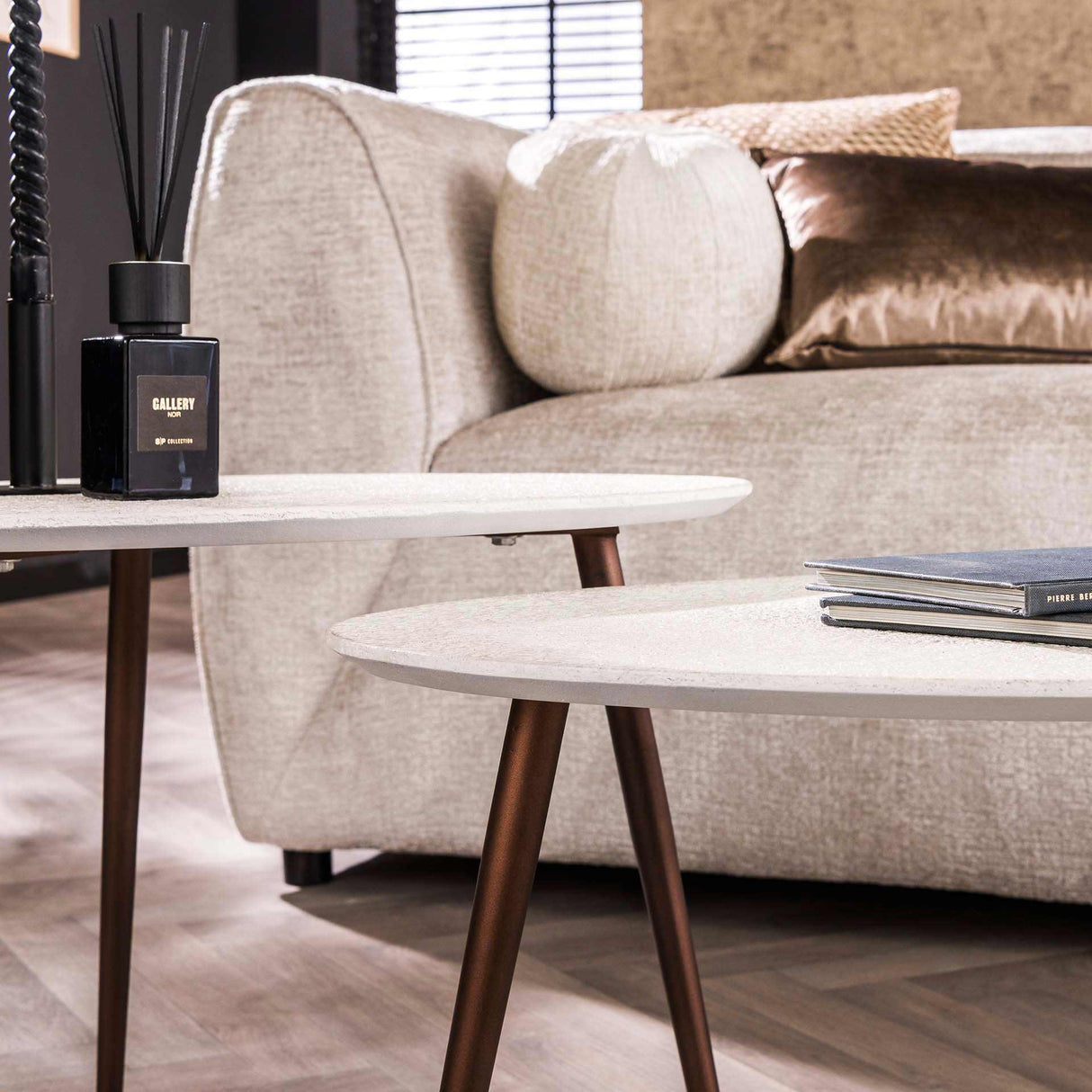 Coffee Table Set of 2 Sylas Pebble White Marble Composite - Bronze Frame