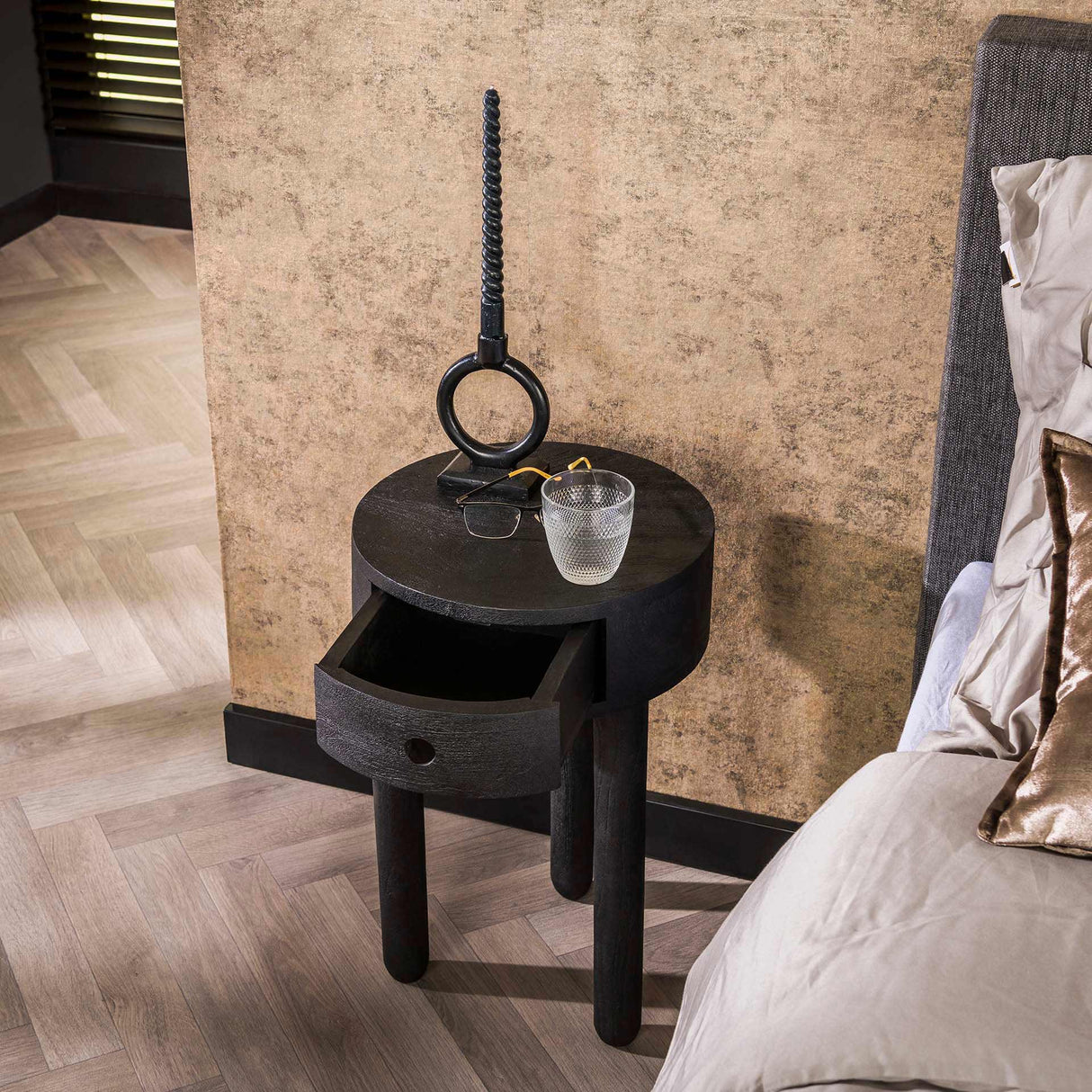 Round Bedside Table Davey Black Acacia Wood 1 drawer