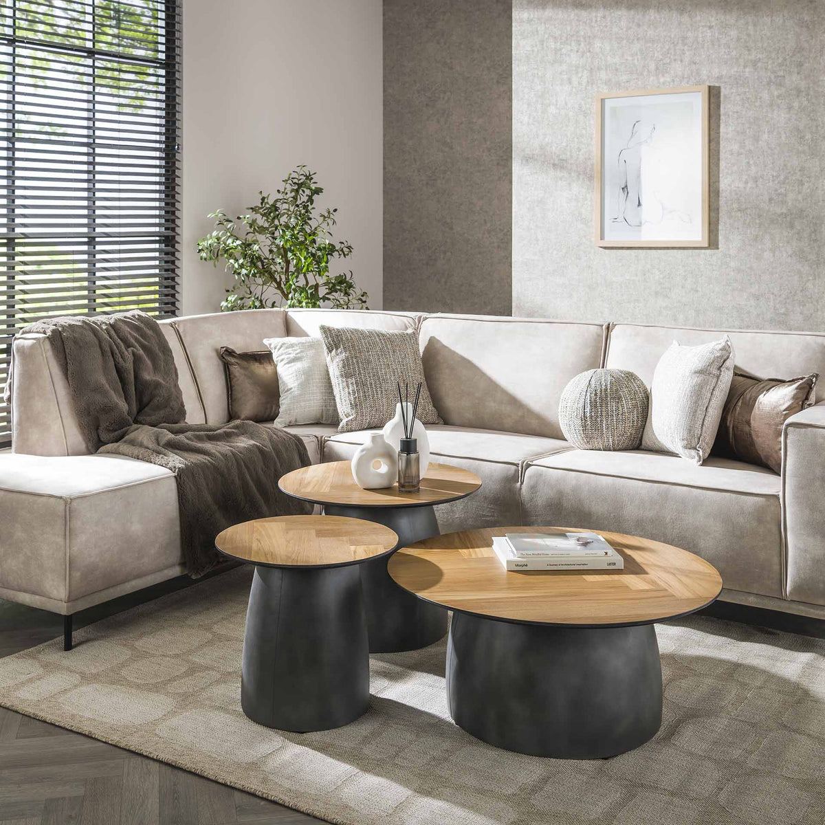 Coffee tables - Coffee table set of 3 herringbone Elva teak wood - metal frame - Dimehouse