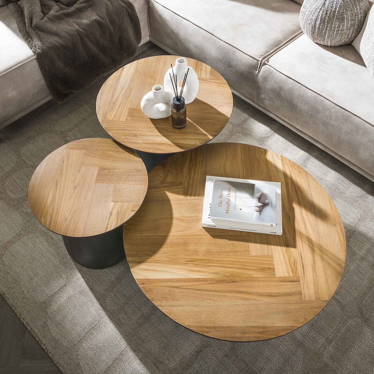 Coffee tables - Coffee table set of 3 herringbone Elva teak wood - metal frame - Dimehouse
