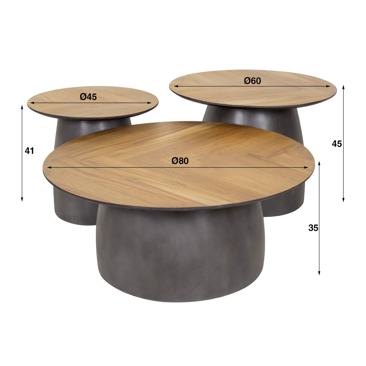 Coffee tables - Coffee table set of 3 herringbone Elva teak wood - metal frame - Dimehouse
