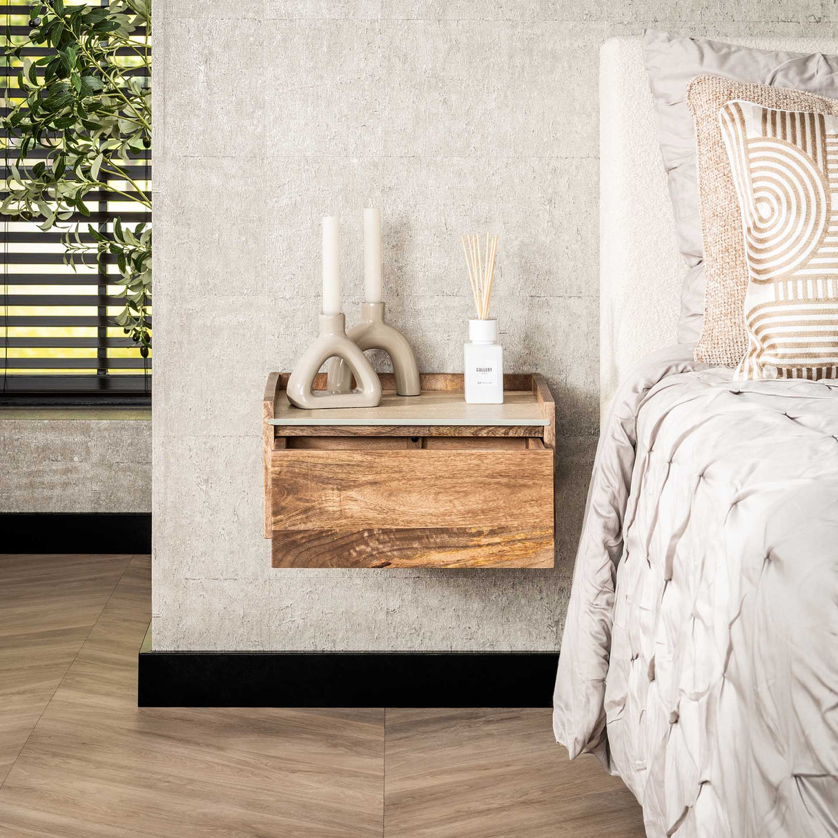 Orto Wall-Mounted Nightstand 1 Drawer Mango wood Ceramic