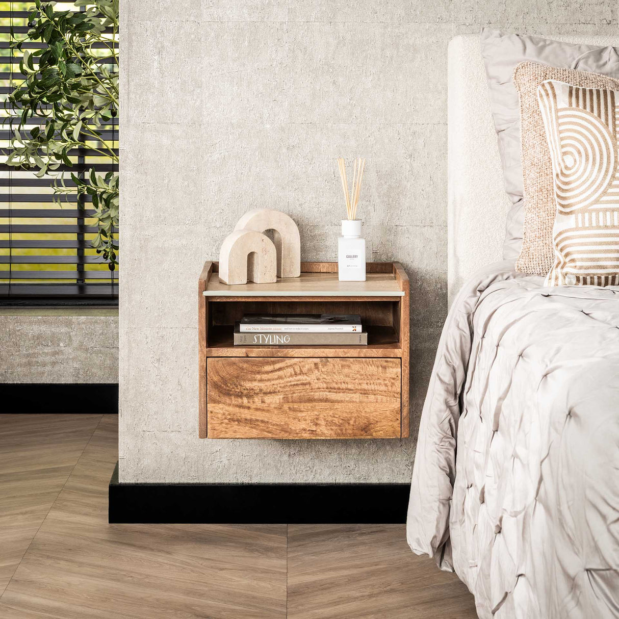 Orto Hanging Nightstand 1 Drawer 1 Compartment Mango wood Ceramic