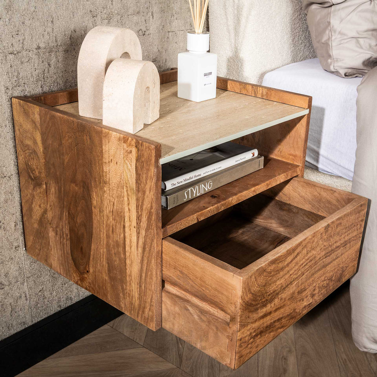 Orto Hanging Nightstand 1 Drawer 1 Compartment Mango wood Ceramic