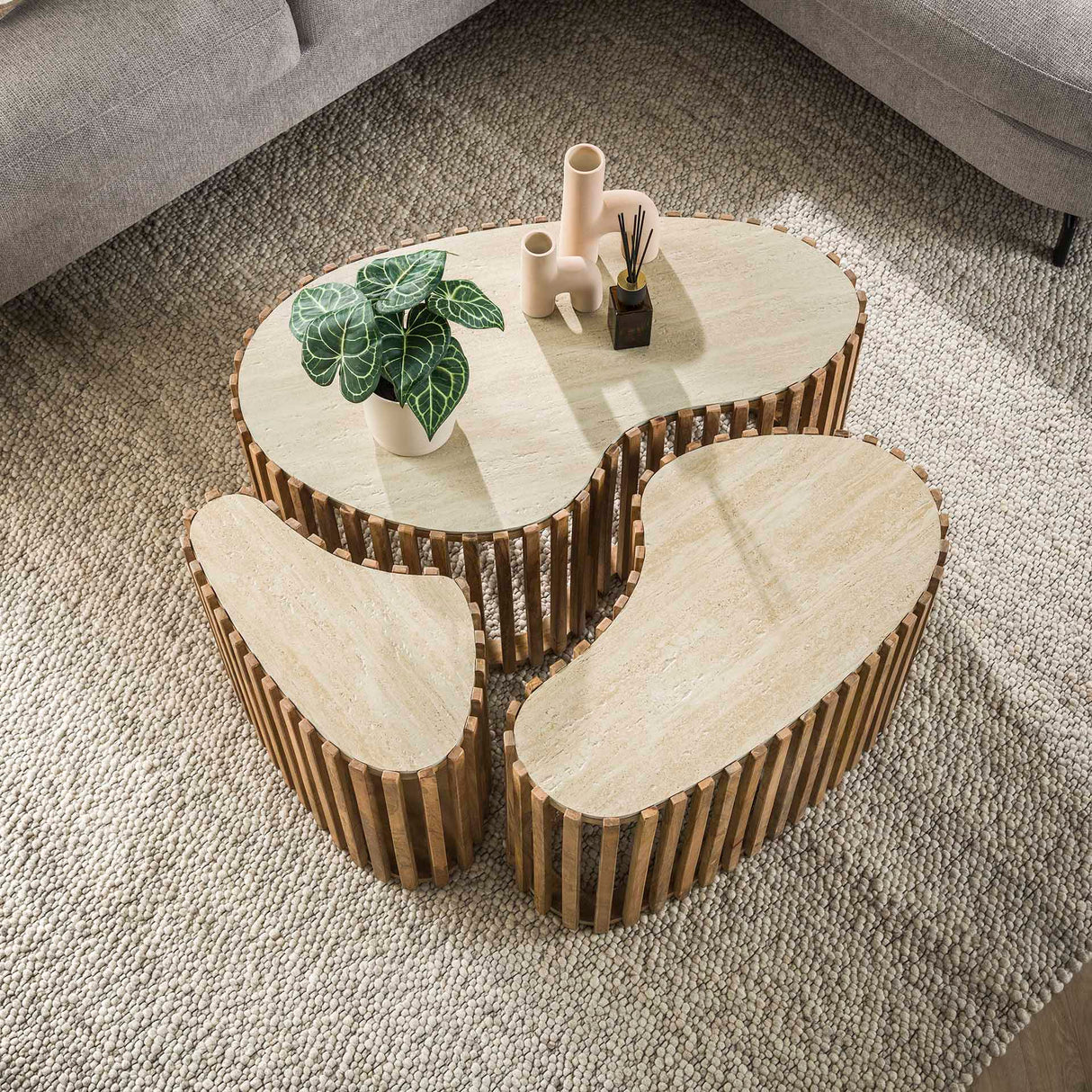 Vento kidney-shaped coffee table set of 3 travertine solid mango sand