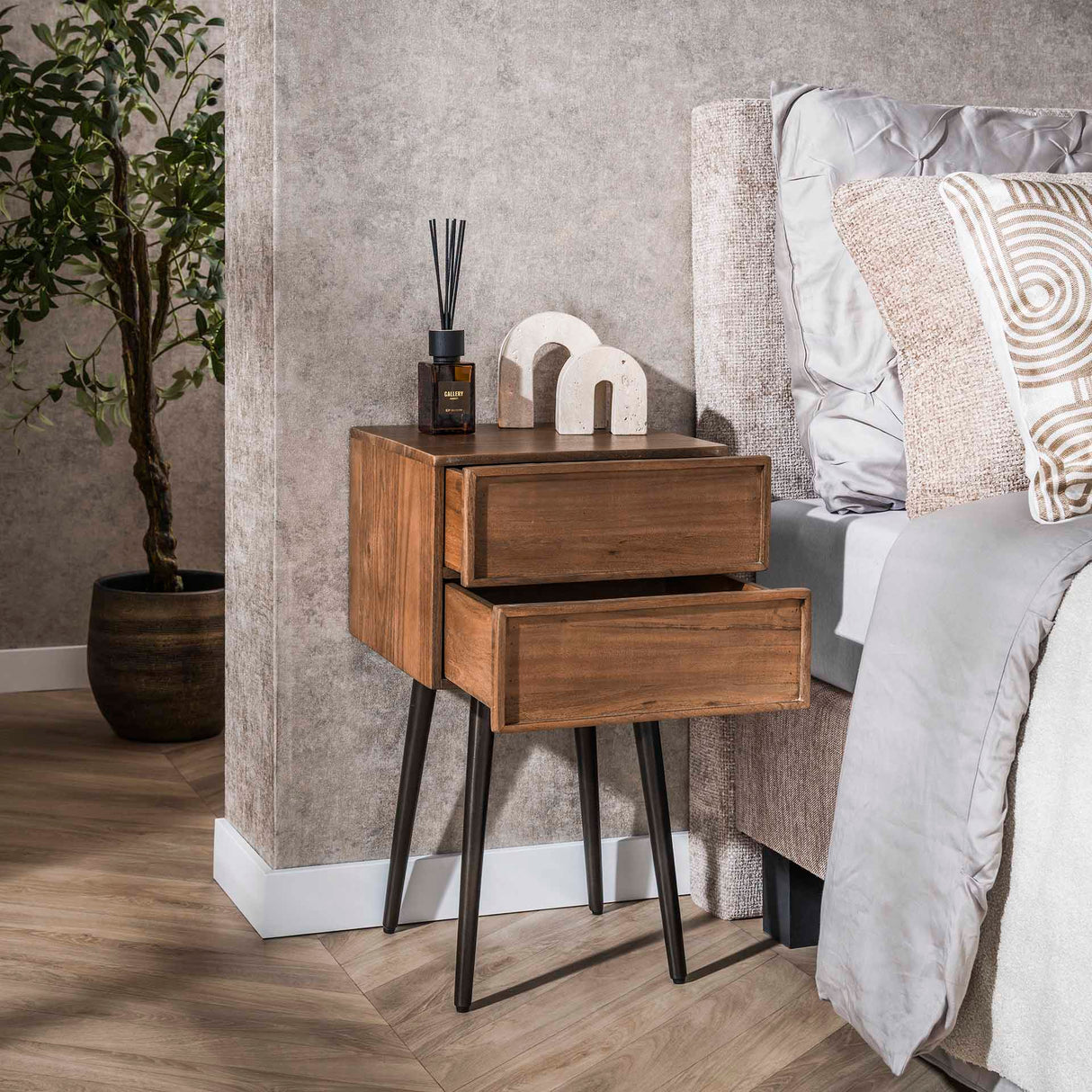 Nightstand Lio – Acacia Drift Brown – 2 Drawers