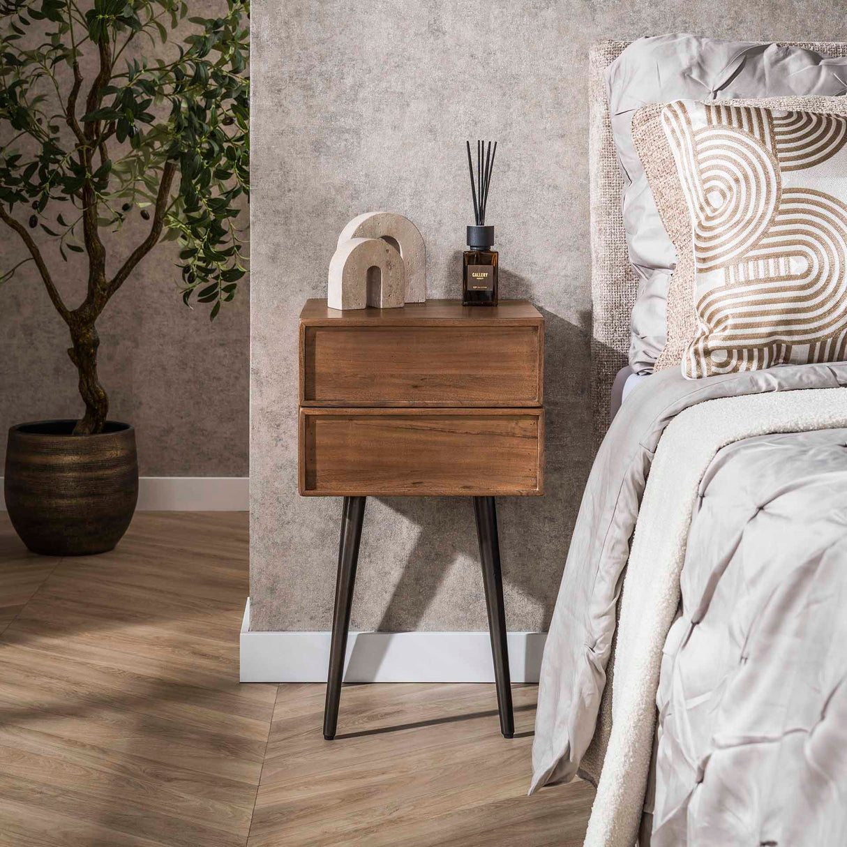 Nightstand Lio – Acacia Drift Brown – 2 Drawers