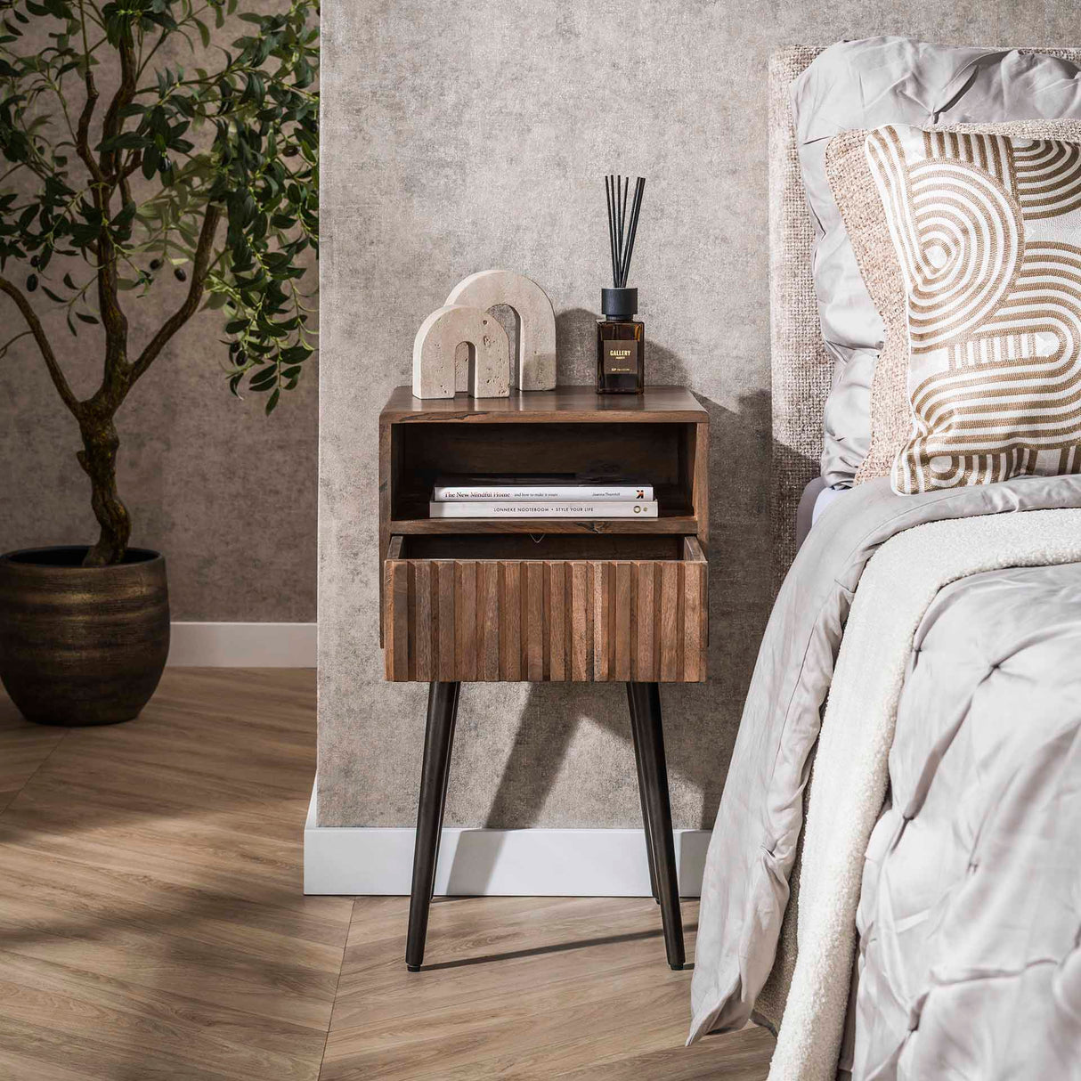 Nightstand Dex Acacia Wood Drift Brown - 1 Drawer