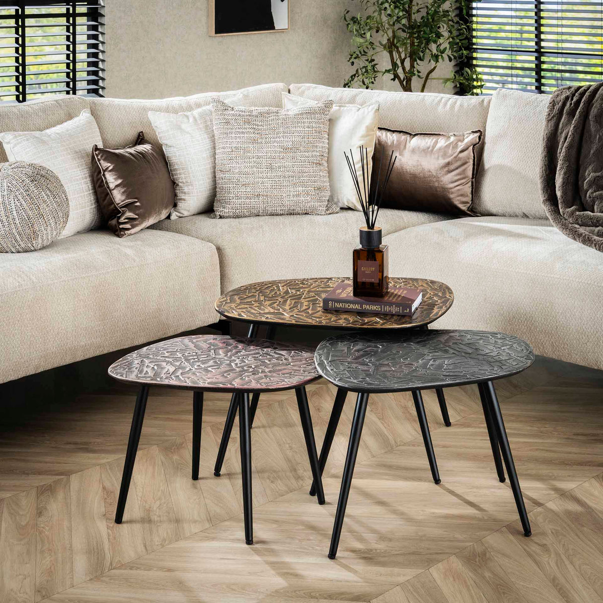 Marlo Coffee Table Set 3 Square Copper Patina