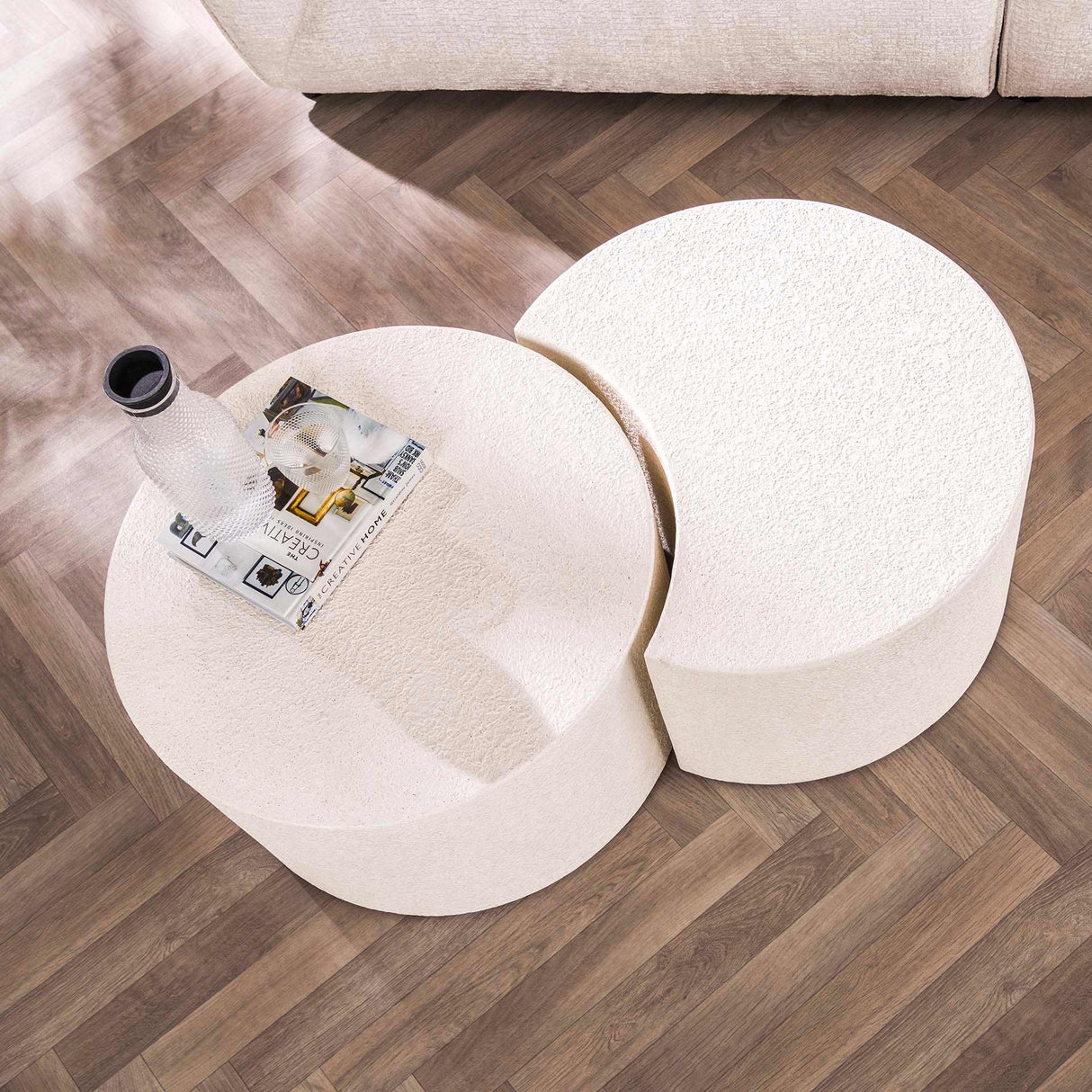 Coffee table set of 2 Sylas moon-shaped Marble composite white