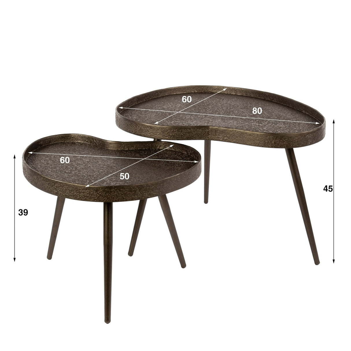 Contour kidney-shaped coffee tables set bronze liquid metal