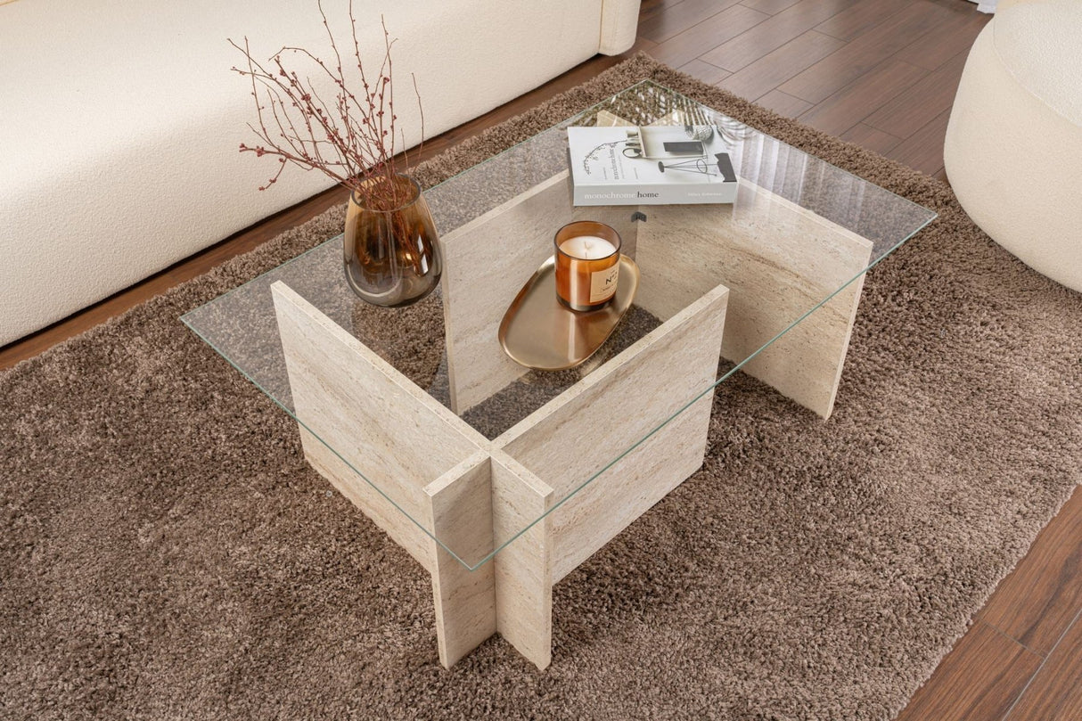 Rectangular Modern Coffee Table Vetroni Travertine Look - Glass - 105x65 cm