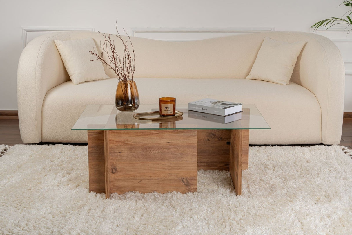 Rectangular Modern Coffee Table Vetroni Atlantic Pine Wood Look - Glass - 105x65 cm