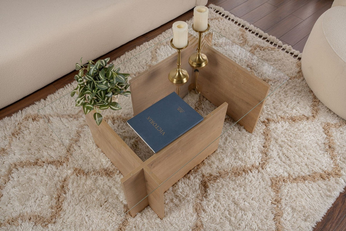 Rectangular Modern Coffee Table Honey Oak Look - Glass - 105x65 cm