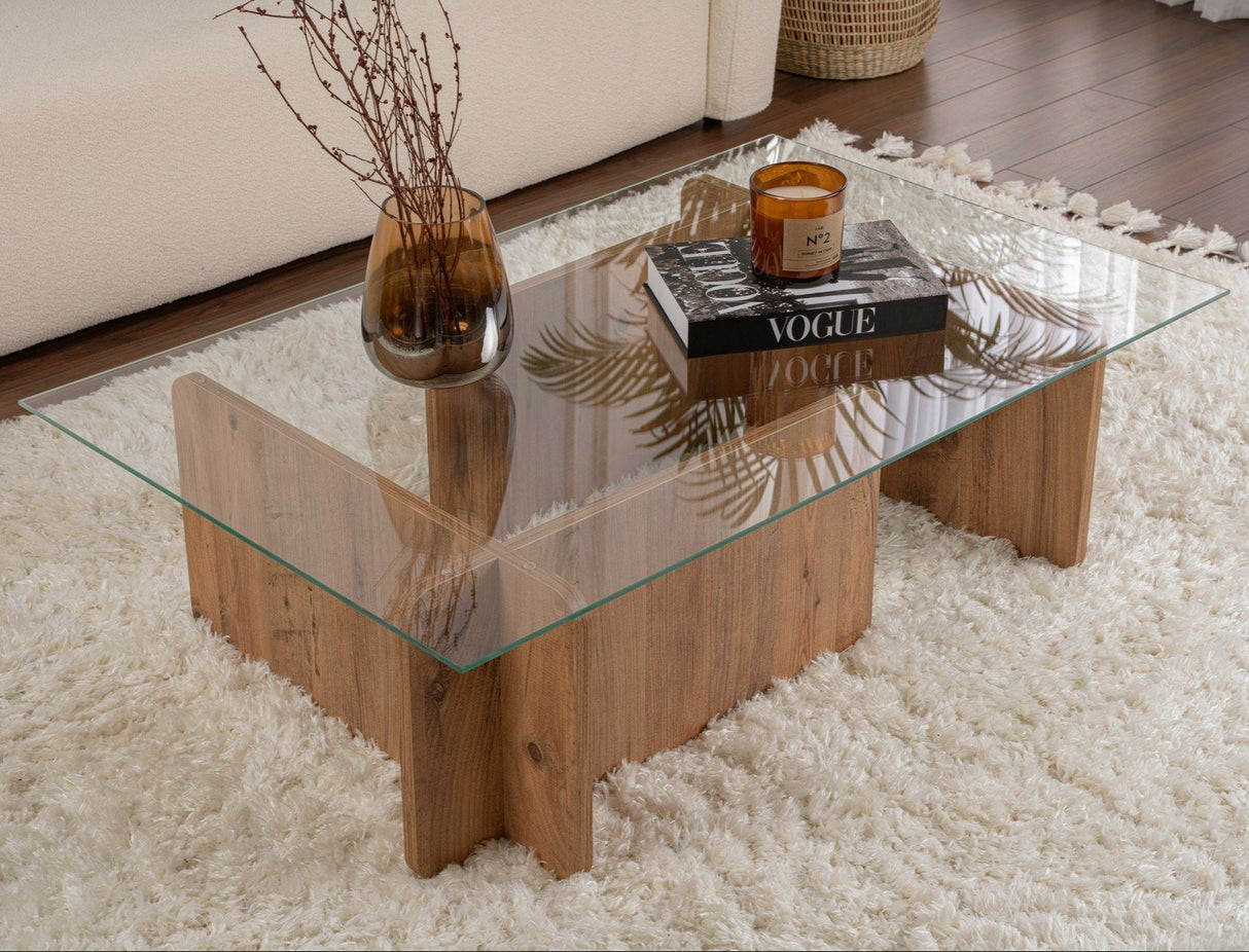 Coffee Table Atlantic Pine Wood Melamine Glass Opal 105x65x30 cm