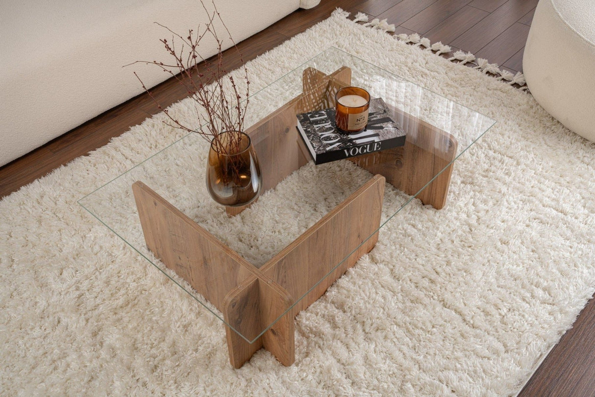 Coffee Table Atlantic Pine Wood Melamine Glass Opal 105x65x30 cm