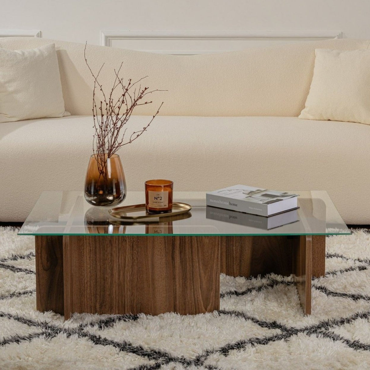 Coffee table Natural Walnut Glass Opal 105x65x30 cm