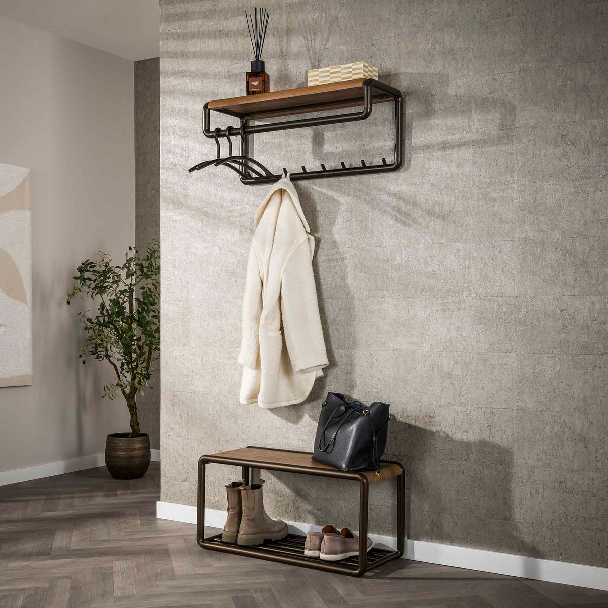 Arlo coat rack rod and hat shelf with 8 hooks Drift brown