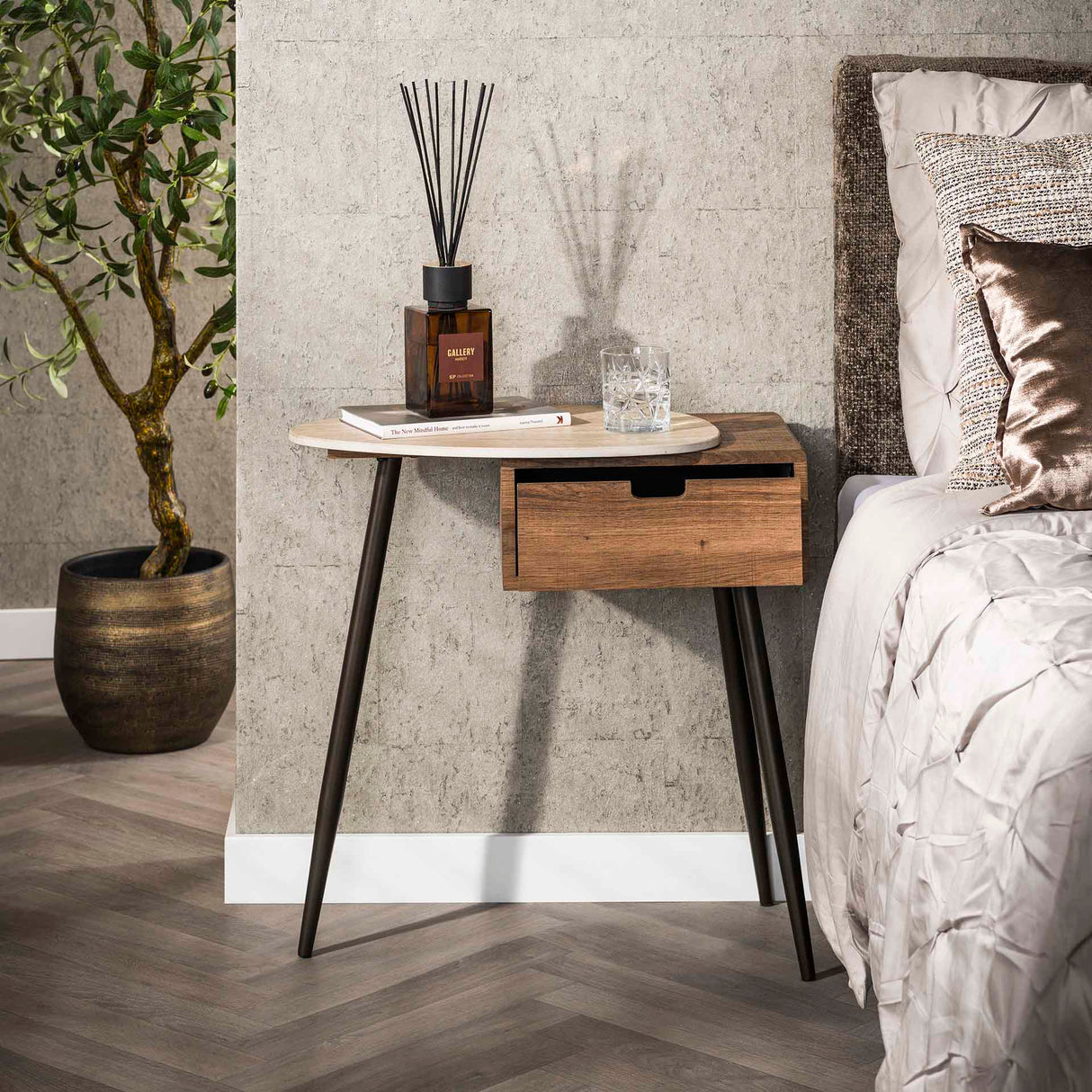 Nightstand Monza Left 1 Drawer Ceramic Travertine