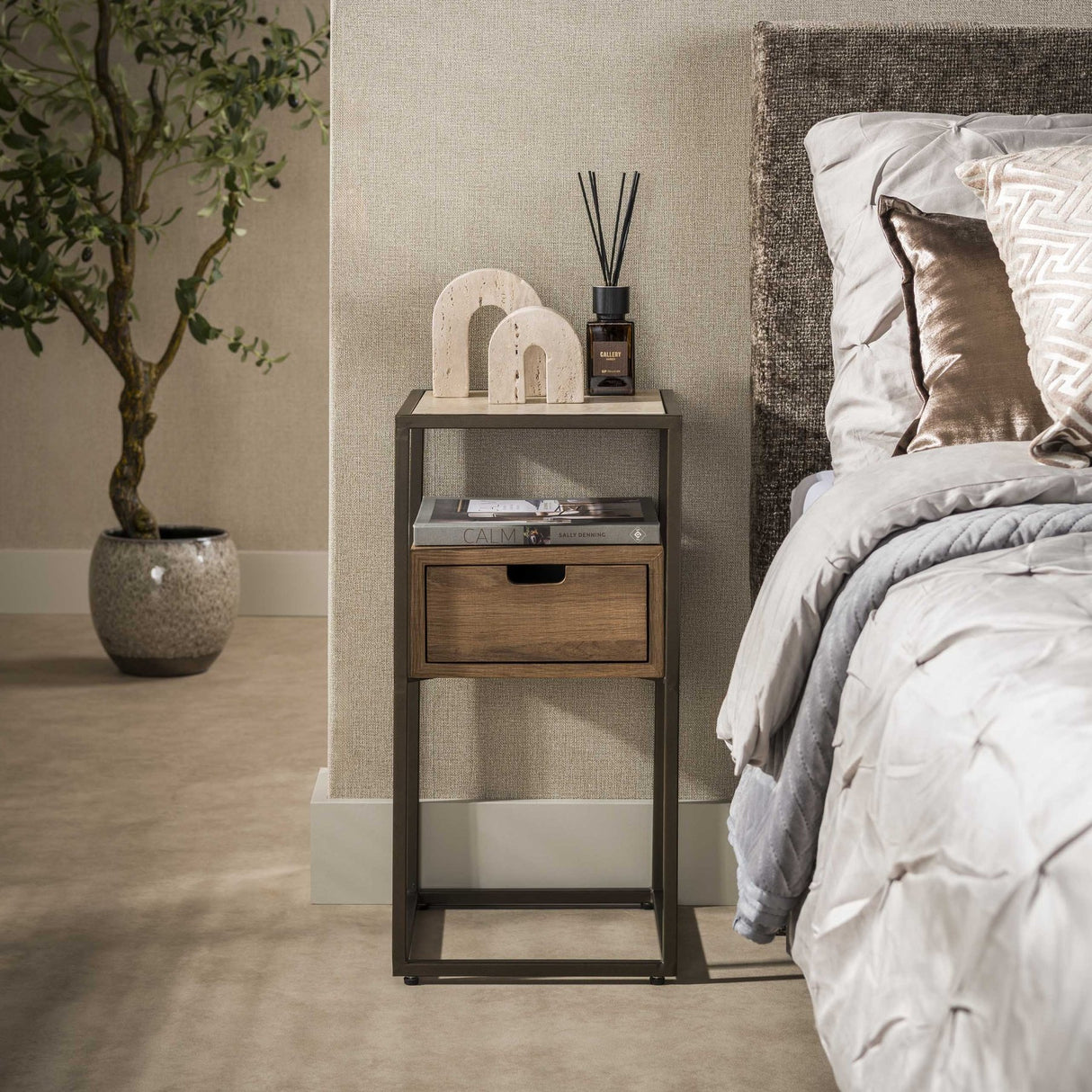 Nachtkastje met 1 lade keramiek travertin eikenhout Cady