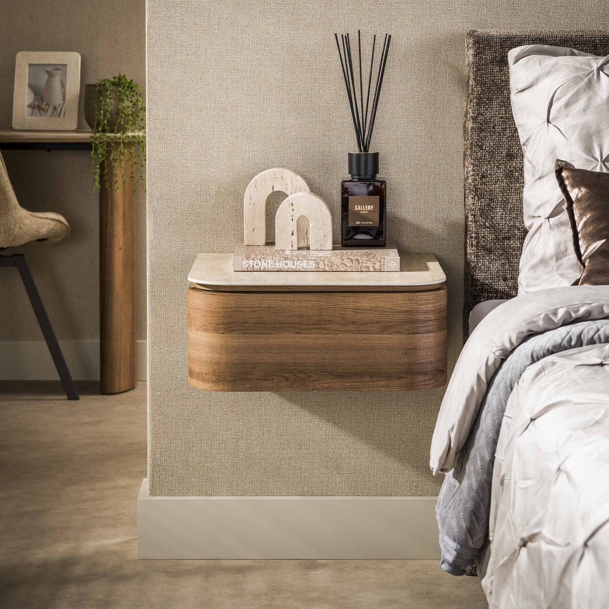 Floating bedside table with 1 drawer ceramic travertine oak Cady