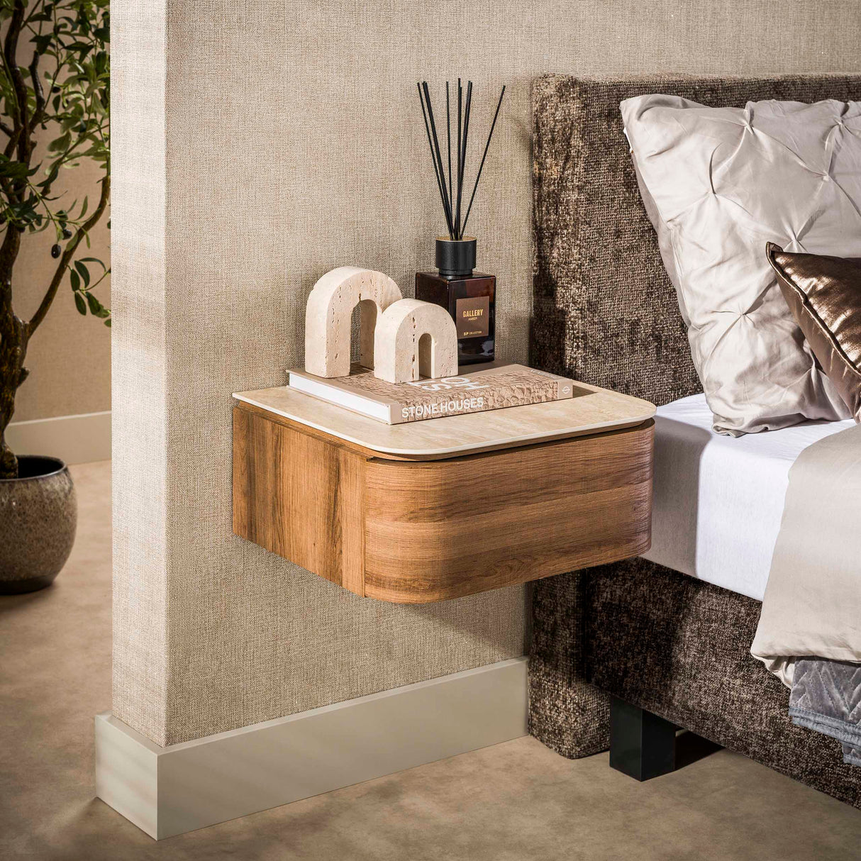 Floating bedside table with 1 drawer ceramic travertine oak Cady