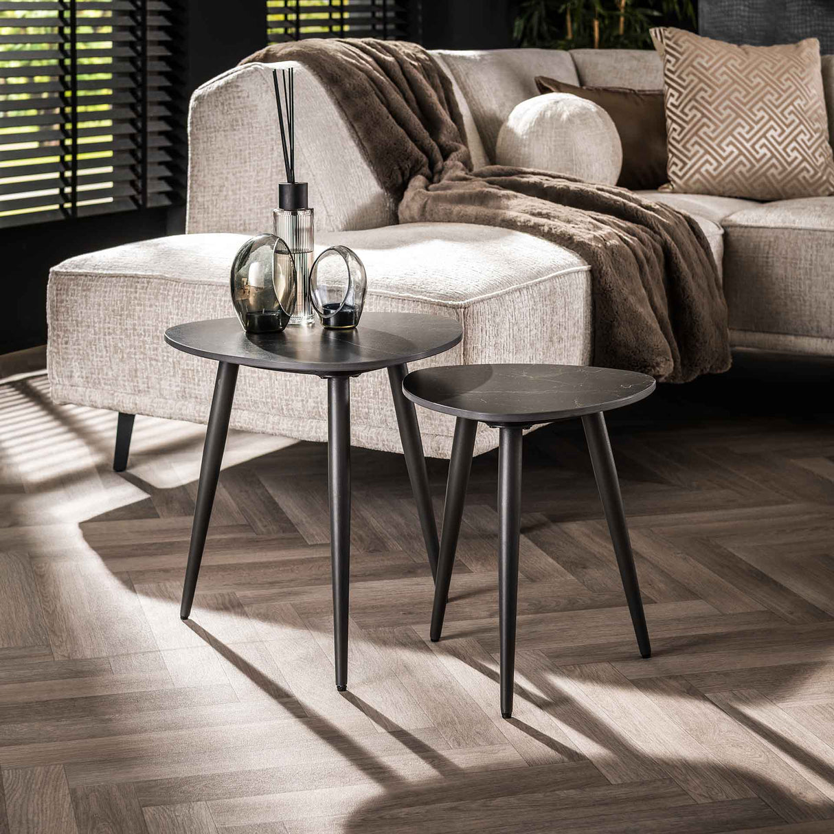 Set of 2 Sophie Triangular Side Tables Ceramic with Marble Effect Black