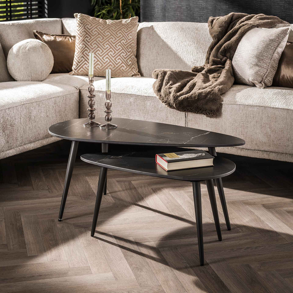Set of 2 Sophie ceramic coffee tables with black marble effect