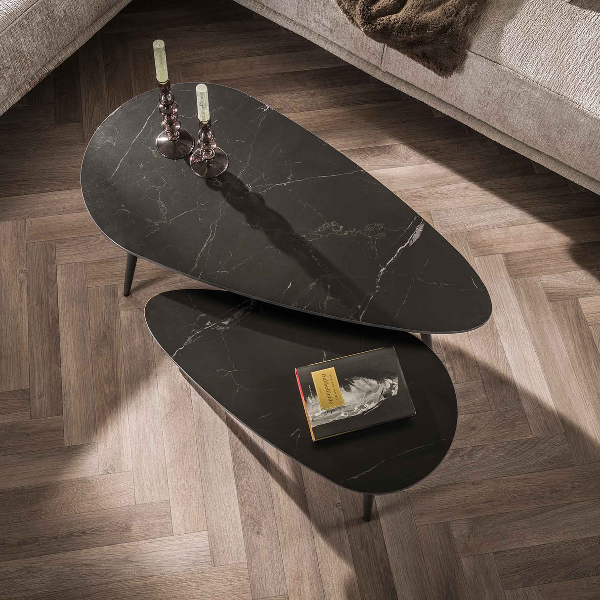 Set of 2 Sophie ceramic coffee tables with black marble effect